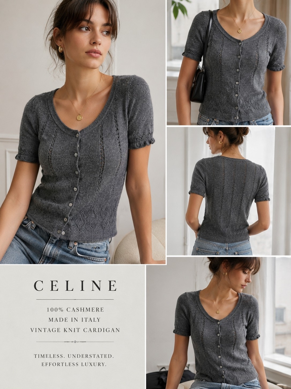 CELINE Vintage 100% Cashmere Cardigan Sweater Gray Pointelle Knit Made in Italy